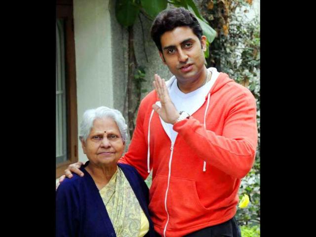 Abhishek Bachchan poses with his grandmother Indira Bhaduri in Bhopal.