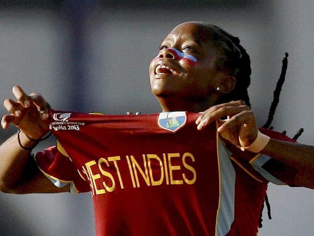 West Indies bowler Shaquana Quintyne celebrates the dismissal Australian batswoman of Sarah Coyte during the ICC Women's World Cup, final match in Mumbai. PTI Photo
