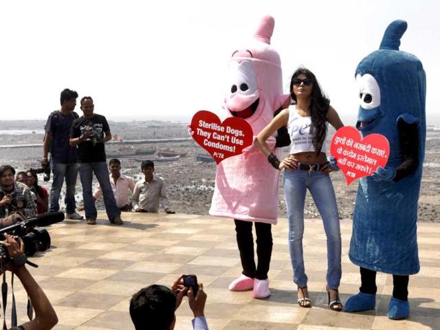 Actress Sherlyn Chopra, (C) poses with PETA members during an awareness campaign in Mumbai on February 19. (HT Photo)