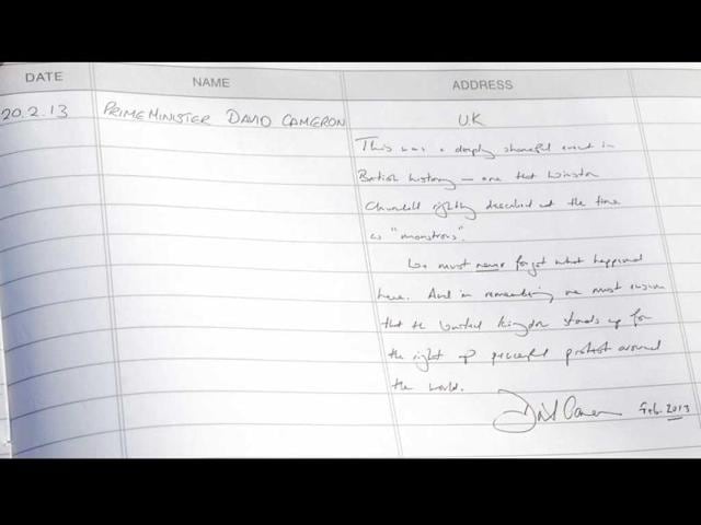 British Prime Minister David Cameron’s comments on the visitor’s book after paying homage to the martyrs of 1919 Jallianwala Bagh Massacre at Jallianwala Bagh, during Amritsar visit. HT photo