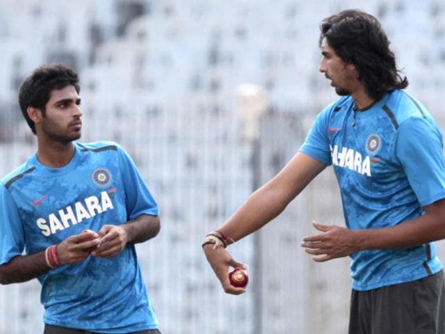 Pacers Bhuvaneshwar Kumar and Ishant Sharma during India's practice session ahead of the first Test match against Australia at Chepock stadium in Chennai. HT photo/ Santosh Harhare