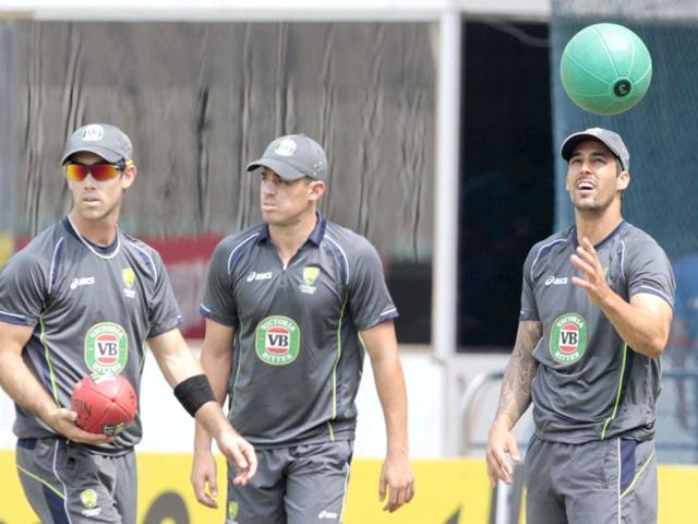 Australia players Glenn Maxwell, Moises Henriques and Mitchel Johnson during team's practice session ahead of the first Test match against India at Chepock stadium in Chennai. HT photo/Santosh Harhare