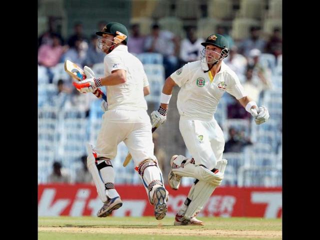 Australia's openers David Warner and Ed Cowan during the first innings of the first Test match at MA Chidambaram Stadium in Chennai. (PTI)