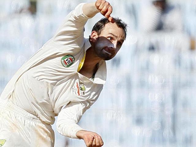 Australian bowler Lyon bowls during the third day of the first Test match between India and Australia at MA Chidambaram stadium in Chennai. (HT Photo/Santosh Harhare)