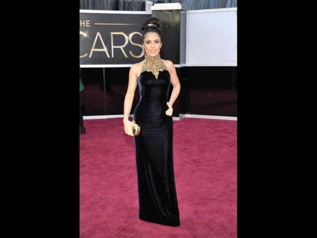 Actress Salma Hayek arrives at the Oscars at the Dolby Theatre on Sunday Feb. 24, 2013, in Los Angeles. AP Photo