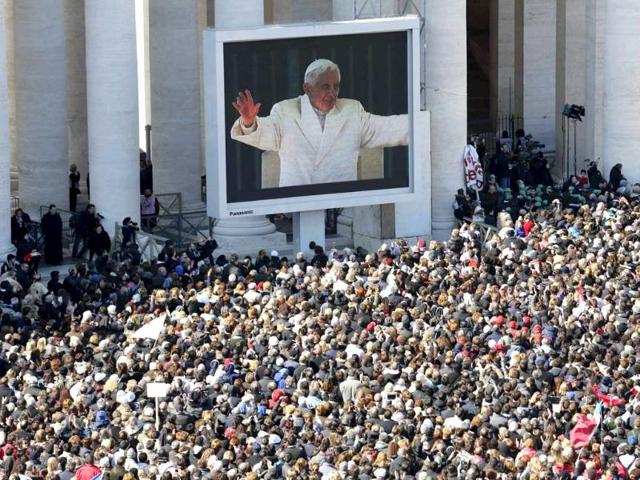 Pope appears on a giant screen in a packed Saint Peter's Square at the Vatican during his last general audience. He alluded to some of the most difficult times of his papacy, which was dogged by sex abuse scandals, leaks of his private papers and reports of infighting among his closest aides. Reuters/Stefano Rellandini
