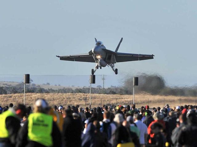 Royal Australian Air Force FA-18 Super Hornets complete a flying demonstration at the first public day at the Australian International Airshow in Melbourne. (AFP Photo)