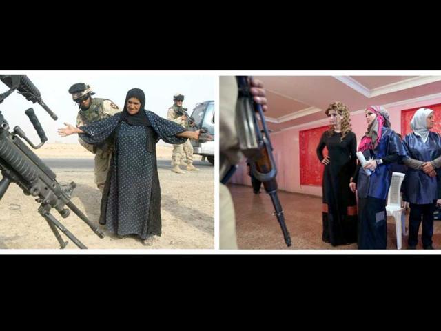 A combo made of two pictures taken in Iraq, shows on the left an US Army female soldier with the 2-17 Field Artillery Regiment, frisking a Kurdish Iraqi woman at a checkpoint on October 25, 2004 in Ramadi, west of Baghdad and on the right an armed guard standing at the door in front of models during a hairdressers and make up artists festival on February 9, 2013 in Baghdad. (AFP Photo) A combo made of two pictures taken in Iraq, shows on the left an US Army female soldier with the 2-17 Field Artillery Regiment, frisking a Kurdish Iraqi woman at a checkpoint on October 25, 2004 in Ramadi, west of Baghdad and on the right an armed guard standing at the door in front of models during a hairdressers and make up artists festival on February 9, 2013 in Baghdad. (AFP Photo)