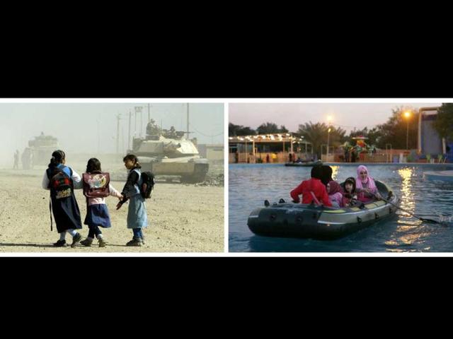 A combo made of two pictures taken in Iraq, shows on the left schoolgirls walking past tanks of US soldiers patrolling on November 5, 2003 in Baghdad's suburb of Abu Gharib and on the right women and kids aboard a rubber dinghy at an amusement park on February 4, 2013 in Baghdad. (AFP Photo) A combo made of two pictures taken in Iraq, shows on the left schoolgirls walking past tanks of US soldiers patrolling on November 5, 2003 in Baghdad's suburb of Abu Gharib and on the right women and kids aboard a rubber dinghy at an amusement park on February 4, 2013 in Baghdad. (AFP Photo)