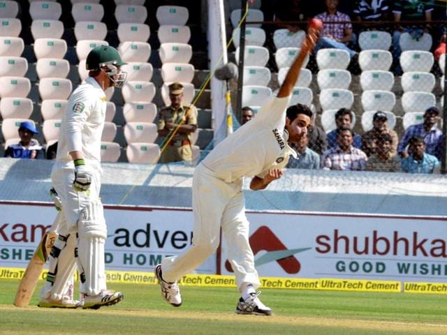 India's B Kumar in action during the 2nd cricket Test match against Australia in Hyderabad. (PTI Photo)