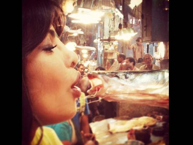 Priyanka Chopra on the sets of Gunday. Directed by Ali Abbas Zafar and produced by Aditya Chopra, the film stars Ranveer Singh & Arjun Kapoor, as Bikram and Bala, along with Priyanka Chopra and Irrfan Khan, in lead roles.