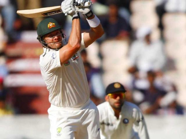 Australia's captain M Clarke is in action against India during 3rd day's play of 2nd Test match at Rajiv Gandhi International Stadium in Hyderabad. HT Photo/Subhendu Ghosh