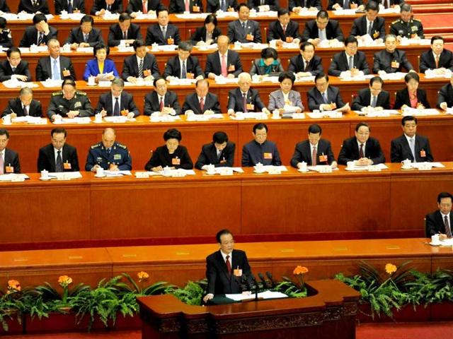 Chinese premier Wen Jiabao delivers his final report at the opening session of the Chinese National People's Congress (NPC) at the Great Hall of the People in Beijing. AFP/Goh Chai Hin