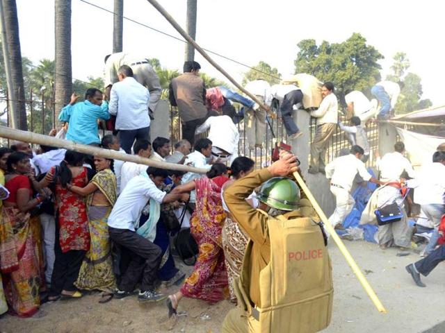 Policemen lathicharge Bihar state teachers after clashes during protests demanding pending and increase in salary under the banner of Bihar Panchayat Nagar Prarambhik Shikshak Sangh in Patna. Agencies