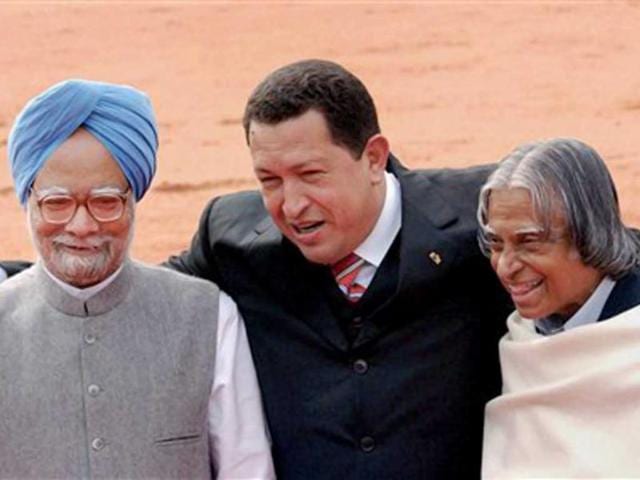 Former President of Venezuela Hugo Chavez with the then President A P J Abdul Kalam and Prime Minister Manmohan Singh in New Delhi in 2005. President Chavez died in Venezuela on Tuesday after a two-year battle with cancer. PTI Photo