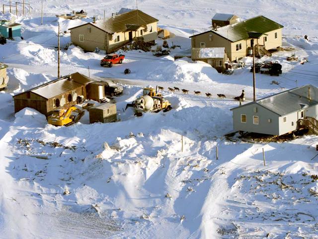 Cim Smyth drives his dog team towards the checkpoint in Shaktoolik. AP photo/Bill Roth