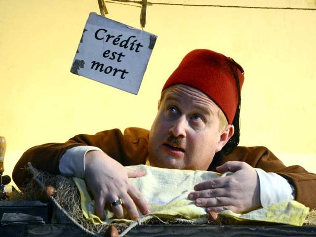French actor Thomas Morris (L), playing Qassim, performs during the general of Ali Baba at the Theatre de la Criee in Marseille. The show by French director Macha Makeieff, based on One Thousand and One Nights and adapted by Elias Sanbar and Macha Makaieff. (AFP)