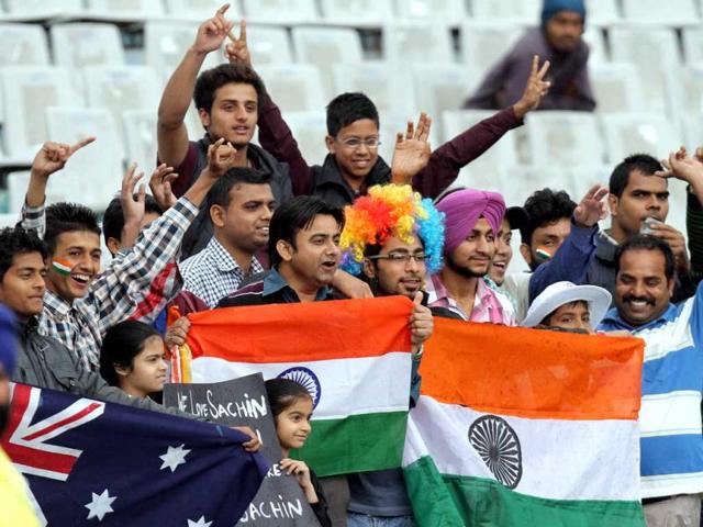 Cricket fans at PCA stadium on the first day of the third Test match in Mohali. Gurpreet Singh/HT