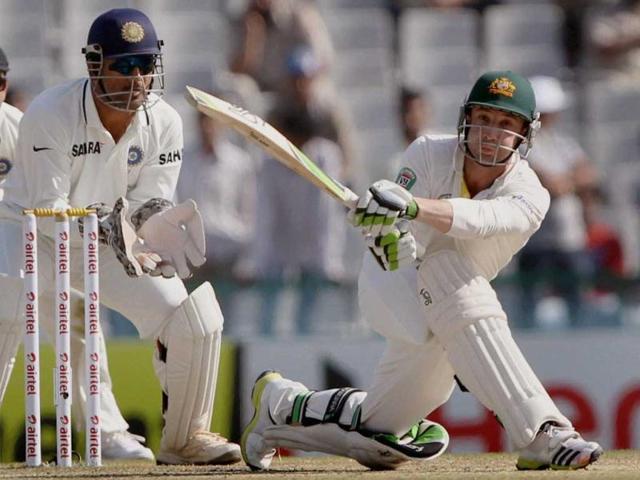 Australian player Phillip Hughes in action on the final day of the 3rd Test match in Mohali on Monday. (PTI Photo)