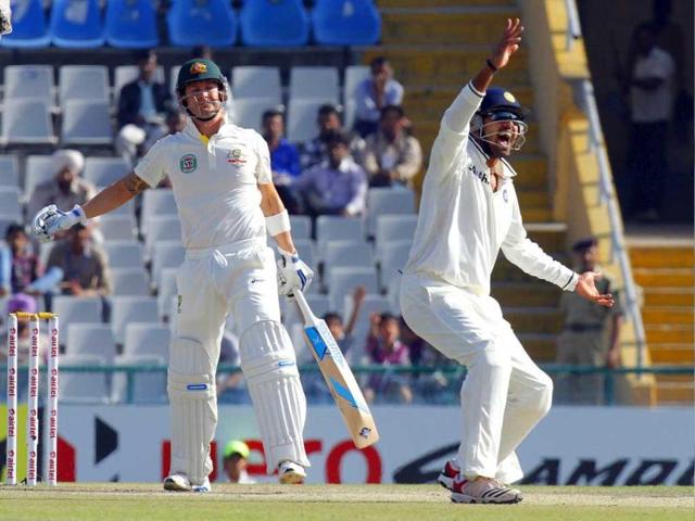 Indian Cricket team player celebrating the wicket of Australian player M Clarke in the 3rd Test match, at PCA Stadium, Mohali. HT Photo/Gurpreet Singh