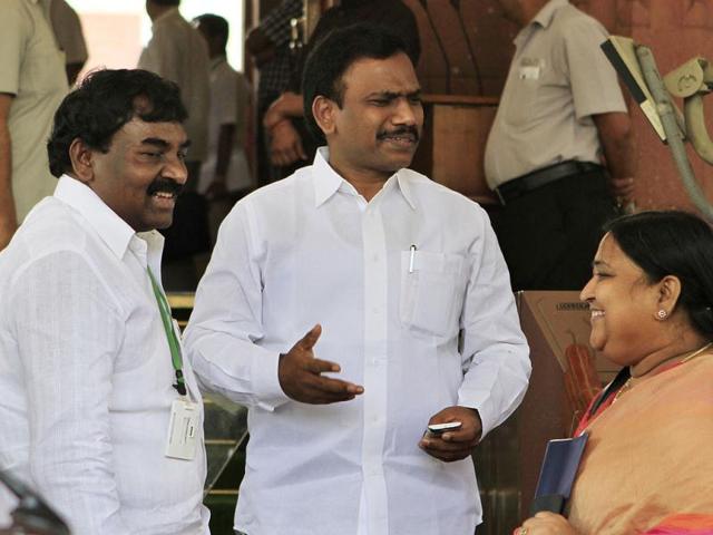DMK MP MK Alagiri outside Parliament after his party withdrew its support to the UPA over the issue of alleged human rights violations of Tamils in Sri Lanka. HT photo