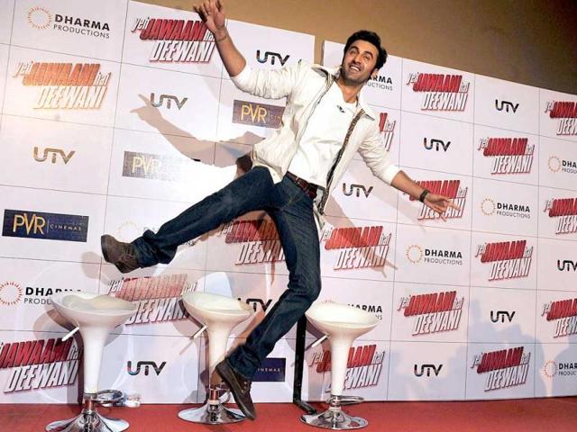 Up in the air! Ranbir Kapoor poses mid-air during the theatrical launch of upcoming Hindi Film Yeh Jawaani Hai Deewani directed by Ayan Mukerji and produced by Karan Johar. (AFP Photo)