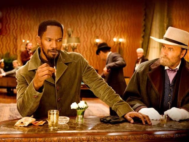 Django (Jamie Foxx) with Amerigo Vessepi played by Franco Nero (who played Django in the original 1966 film and its 1987 sequel) in a still from Django Unchained.