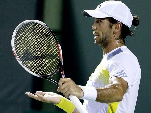 Fernando Verdasco of Spain, reacts after loosing a point to Alejandro Falla of Colombia, during the Sony Open tennis tournament, in Key Biscayne, Florida. AP Photo