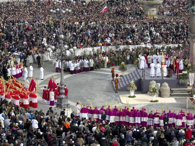Pope Francis leads the faithful in prayer on Palm Sunday at Saint Peter's Square at the Vatican. AP