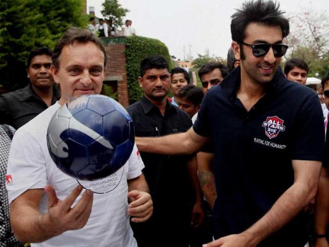 Ranbir Kapoor during a charity football match in New Delhi on Thursday. PTI Photo