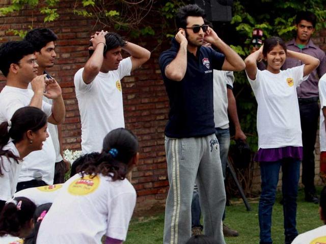 Bollywood actor Ranbir Kapoor during a charity football match in New Delhi on Thursday. Check out the actor in action! PTI Photo