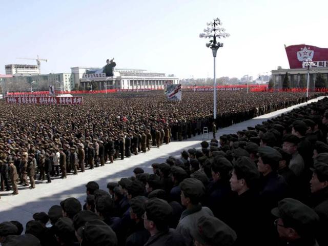 North Koreans gather for a rally at Kim Il Sung Square in downtown Pyongyang, North Korea. Tens of thousands of North Koreans turned out for the mass rally at the main square in Pyongyang in support of their leader Kim Jong Un's call to arms. (AP Photo)