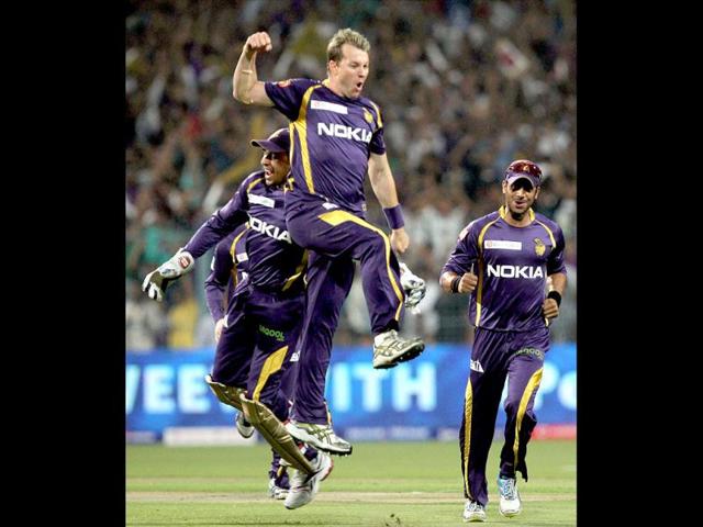 Kolkata Knight Rider cricketer Brett Lee celebrates after taking a wicket during IPL T20 at Eden Garden in Kolkata. (PTI Photo)