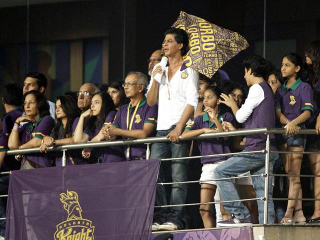 Kolkata Knight Riders co-owner Shah Rukh Khan cheers for his team during 1st Twenty20 Cricket Match of IPL 2013 Season, between Kolkata Knight Riders and Delhi Daredevils, at Eden Gardens, in Kolkata. (HT Photo/Ashok Nath Dey)