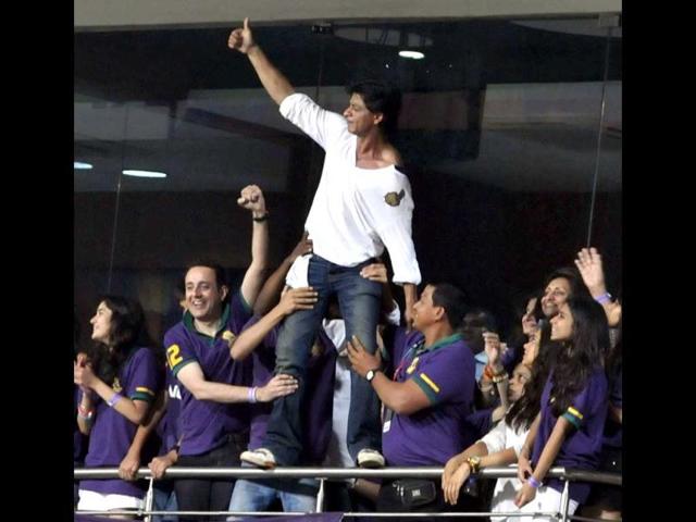 Enthusiastic team owner Shah Rukh Khan cheers his team. Kolkata Knight Riders won the 1st match of IPL 6. (Photo by Subhendu Ghosh/Hindustan Times)