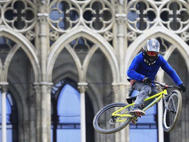Netherland's Tom Van Steenberge competes during the Red Bull Vienna Air King dirt jumping competition held in front of the Rathaus (townhall) in Vienna. The event held every spring in the Austrian capital marks the opening of the Freeride Mountain Bike World Tour season. AFP