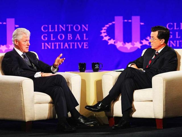 Former US president Bill Clinton and TV personality Stephen Colbert hold a discussion during the Clinton Global Initiative University at Washington University in St Louis Missouri. AFP