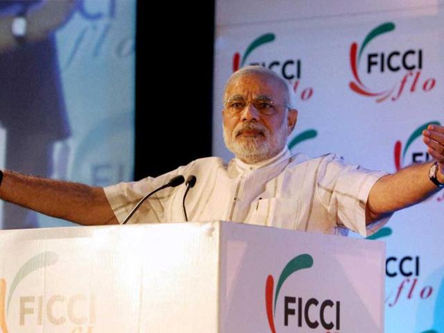 Gurarat-CM-Narendra-Modi-after-addressing--the-29th-Annual-Session-of-FICCI-Ladies-Organisation-FLO-on-the-theme-Unleash-the-Entrepreneur-Within-Exploring-New-Avenues-in-New-Delhi-Ajay-Aggarwal-Hindustan-Times