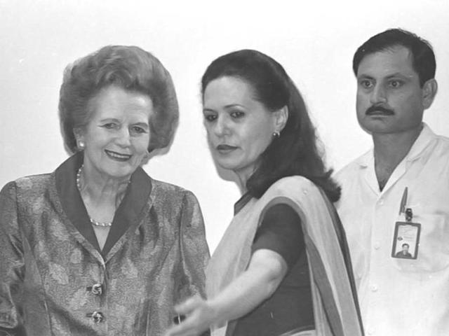 File photo of Sonia Gandhi, president of Indian National Congress with former British prime minister Margaret Thatcher. HT