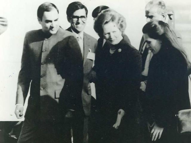 File photo of former prime minister Rajiv Gandhi and Sonia Gandhi with former British prime minister Margaret Thatcher. HT