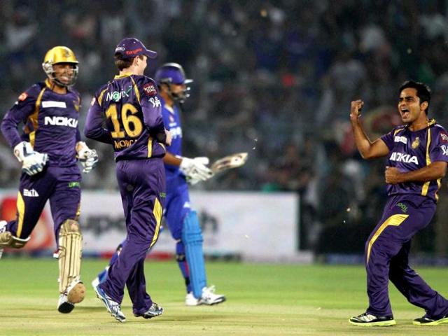Kolkata Knight Riders bowler Rajat Bhatia celebrates the falling of the wicket of Rajasthan Royals Rahul Dravid during the IPL6 match in Jaipur. PTI Photo