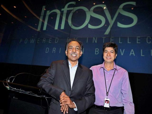 Infosys Technologies CEO SD Shibulal and CFO Rajiv Bansal are seen during the announcement of the annual result of the company in Bengaluru. PTI/Shailendra Bhojak