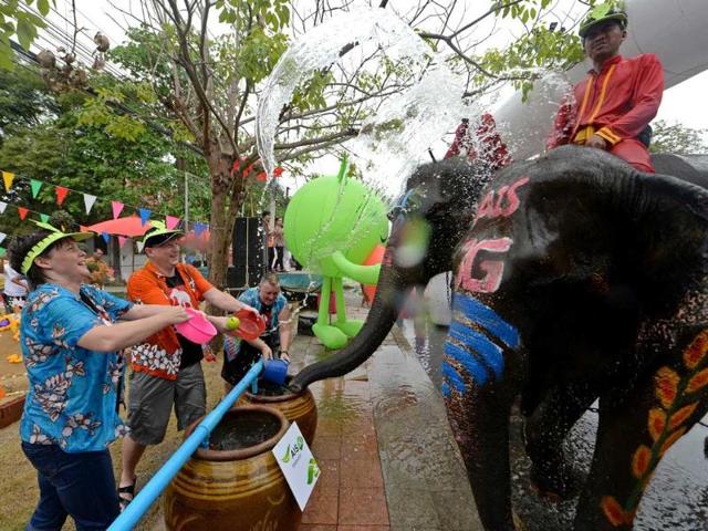 Foreign tourists take part in water battles with elephants as they join celebrations marking the Songkran Festival in Ayutthaya province. Songkran is the Thai New Year. AFP
