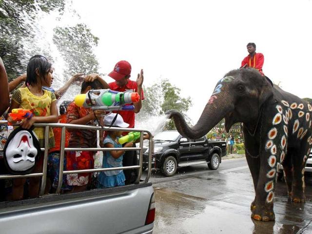Elephants spray water at children in celebration of the Songkran water festival in Thailand's Ayutthaya province, about 80km north of Bangkok. Reuters