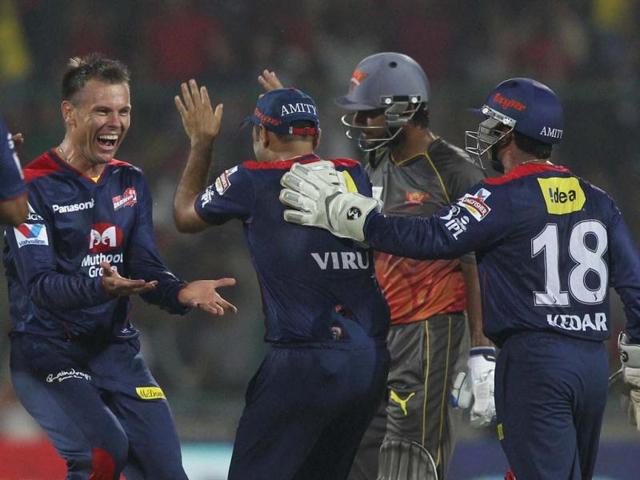 Delhi Daredevils players Johan Botha and captain Virender Sehwag celebrate wicket of Sunrisers Hyderabad's Kumar Sangakkara during the T20 match in New Delhi. PTI photo Delhi Daredevils players Johan Botha and captain Virender Sehwag celebrate wicket of Sunrisers Hyderabad's Kumar Sangakkara during the T20 match in New Delhi. PTI photo
