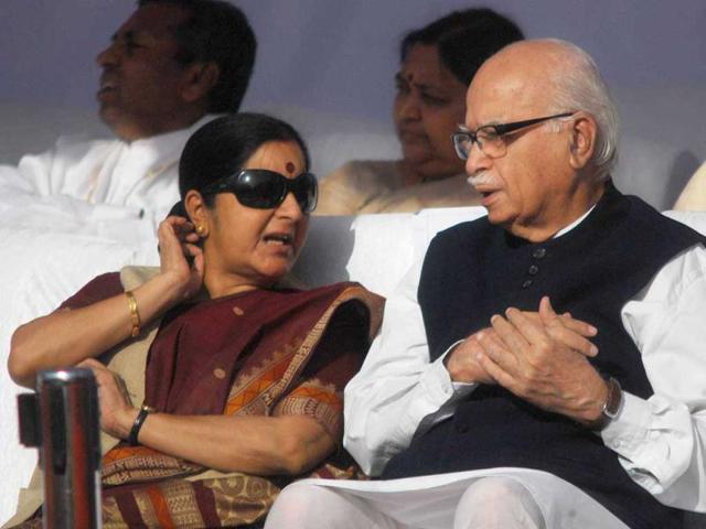 Opposition leader Sushma Swaraj and NDA chairman LK Advani at Parliament House to pay homage to Baba Saheb Dr BR Ambedkar on the occasion of his birth anniversary at Parliament House. UNI PHOTO