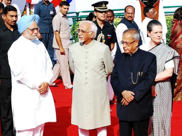President Pranab Mukherjee, Vice President Hamid Ansari, Prime Minister Manmohan Singh, UPA chairperson Sonia Gandhi after paying floral tribute to Baba Saheb Dr BR Ambedkar on the occasion of his birth anniversary at Parliament House. UNI PHOTO
