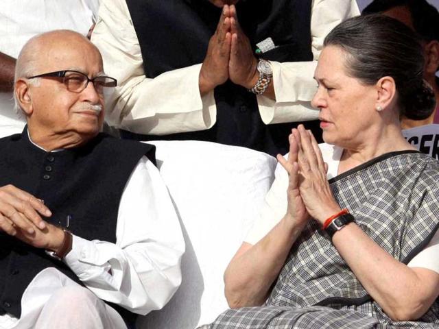 UPA chairperson Sonia Gandhi and Senior BJP Leader LK Advani during a function to pay floral tributes to BR Ambedkar on his 122st birth anniversary at Parliament House. PTI Photo