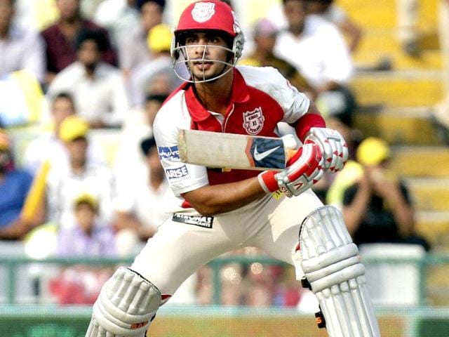 Mandeep of Kings XI Punjab plays a shot against Kolkata Knight Riders during a T20 League match played at PCA Stadium, Mohali. HT Photo/Gurpreet Singh 