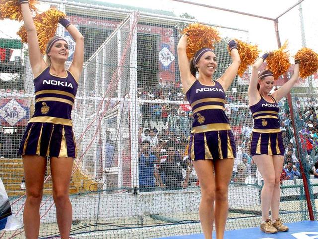 Kolkata Knight Riders cheerleaders perform at the IPL match with Kings XI Punjab in Mohali. UNI 